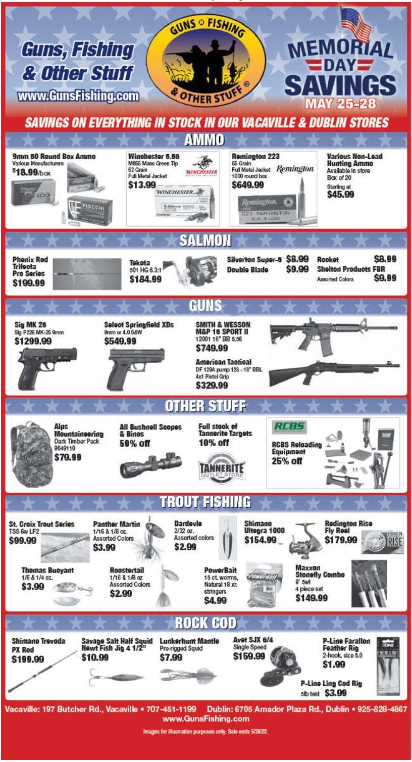 Memorial Day Savings At Guns, Fishing and Other Stuff May 25-28 2022 poster